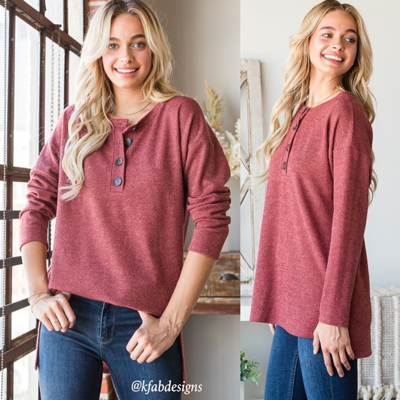 LAST 2! So Soft Henley Style Top with Side Slit Detail! - Picture 2 of 8